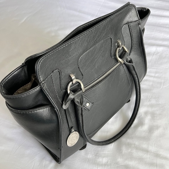 London Fog Black Faux Leather Satchel Handbag with Silver Hardware - Picture 9 of 15